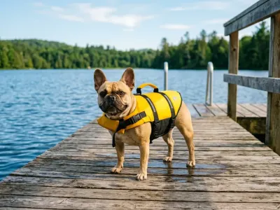 French Bulldog wearing a bright yellow life jacket standing safely near a calm lake.