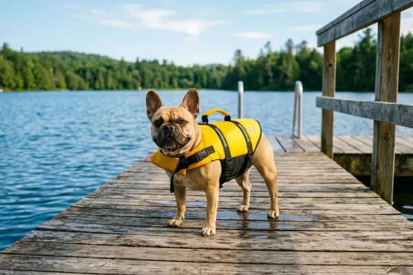 French Bulldog wearing a bright yellow life jacket standing safely near a calm lake.