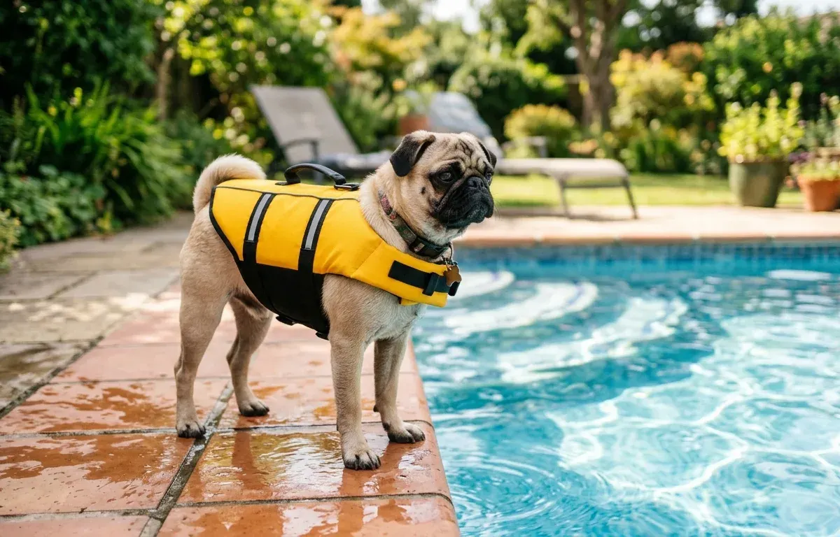 Fawn pug wearing a yellow dog life jacket near a shallow swimming pool