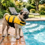 Fawn pug wearing a yellow dog life jacket near a shallow swimming pool