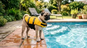 Fawn pug wearing a yellow dog life jacket near a shallow swimming pool
