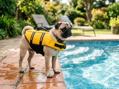 Fawn pug wearing a yellow dog life jacket near a shallow swimming pool