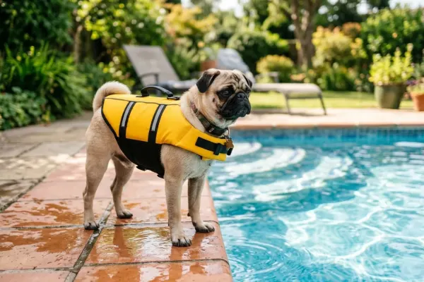 Fawn pug wearing a yellow dog life jacket near a shallow swimming pool