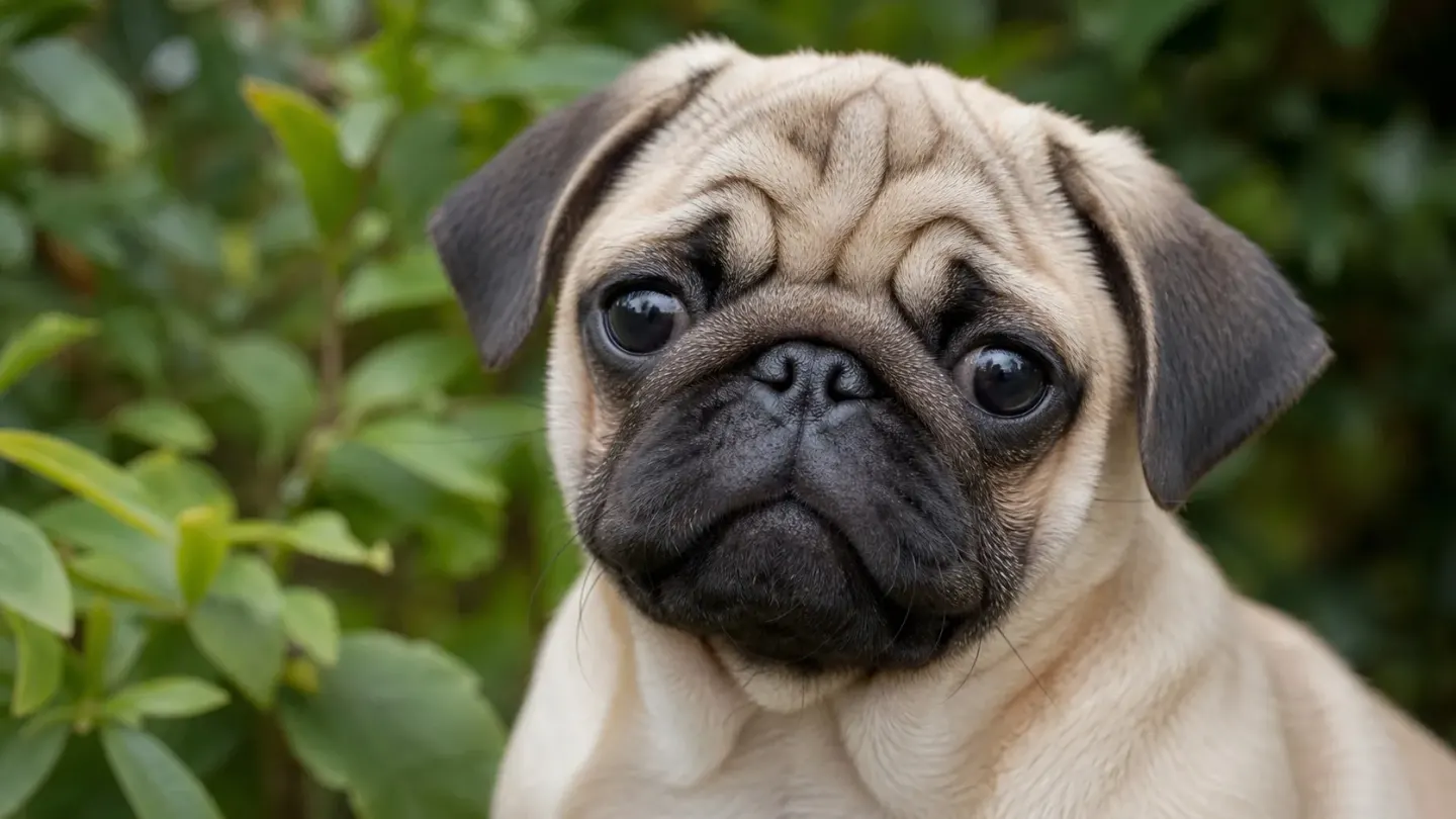 Close-up of a pug's head highlighting flat brachycephalic face structure