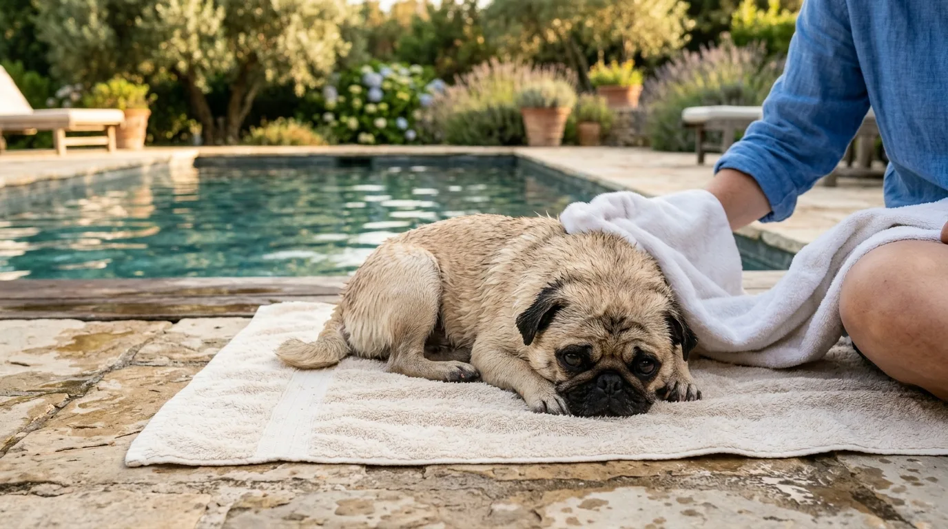 Pug resting on a towel after a gentle freshwater rinse