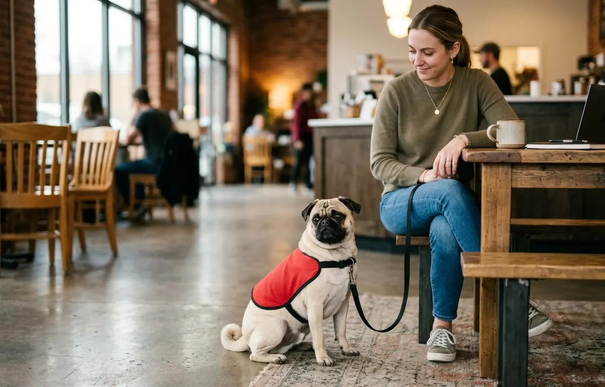 Fawn Pug wearing a red service dog vest sitting calmly in a public indoor building