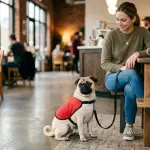 Fawn Pug wearing a red service dog vest sitting calmly in a public indoor building