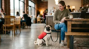 Fawn Pug wearing a red service dog vest sitting calmly in a public indoor building