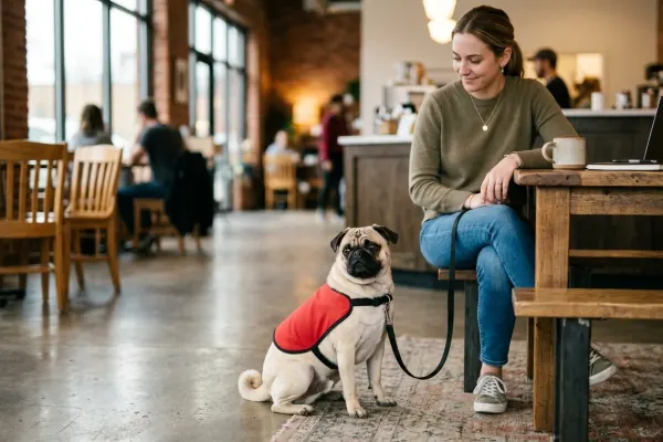 Fawn Pug wearing a red service dog vest sitting calmly in a public indoor building