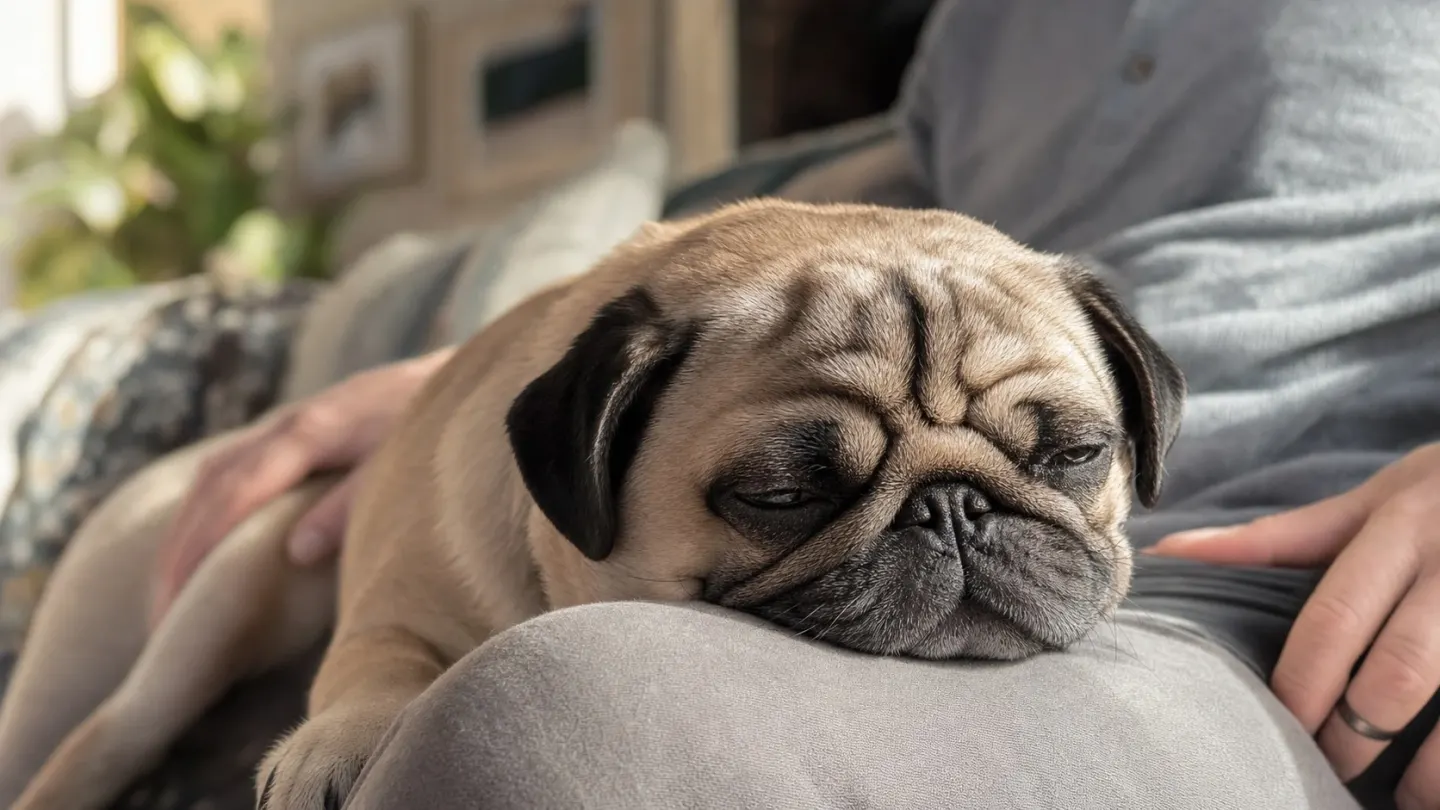 Pug resting gently on its owner's lap to perform deep pressure therapy