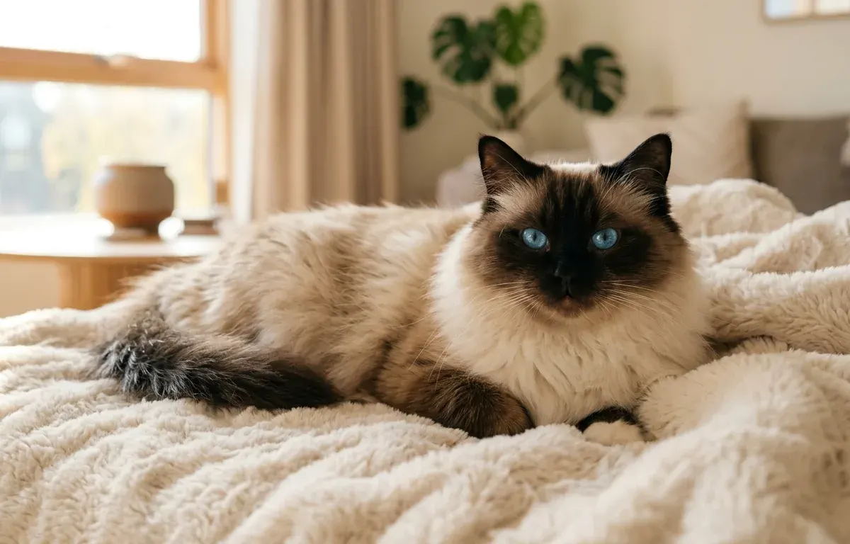 A traditional seal point Ragdoll cat with blue eyes relaxing in a sunlit room.
