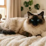 A traditional seal point Ragdoll cat with blue eyes relaxing in a sunlit room.