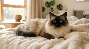 A traditional seal point Ragdoll cat with blue eyes relaxing in a sunlit room.