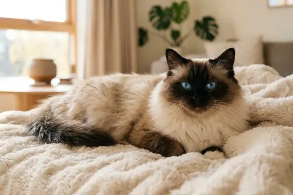 A traditional seal point Ragdoll cat with blue eyes relaxing in a sunlit room.