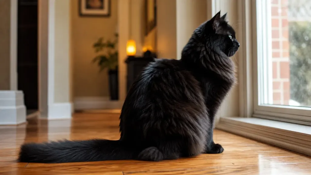 A solid black Ragdoll cat displaying full body dark fur.