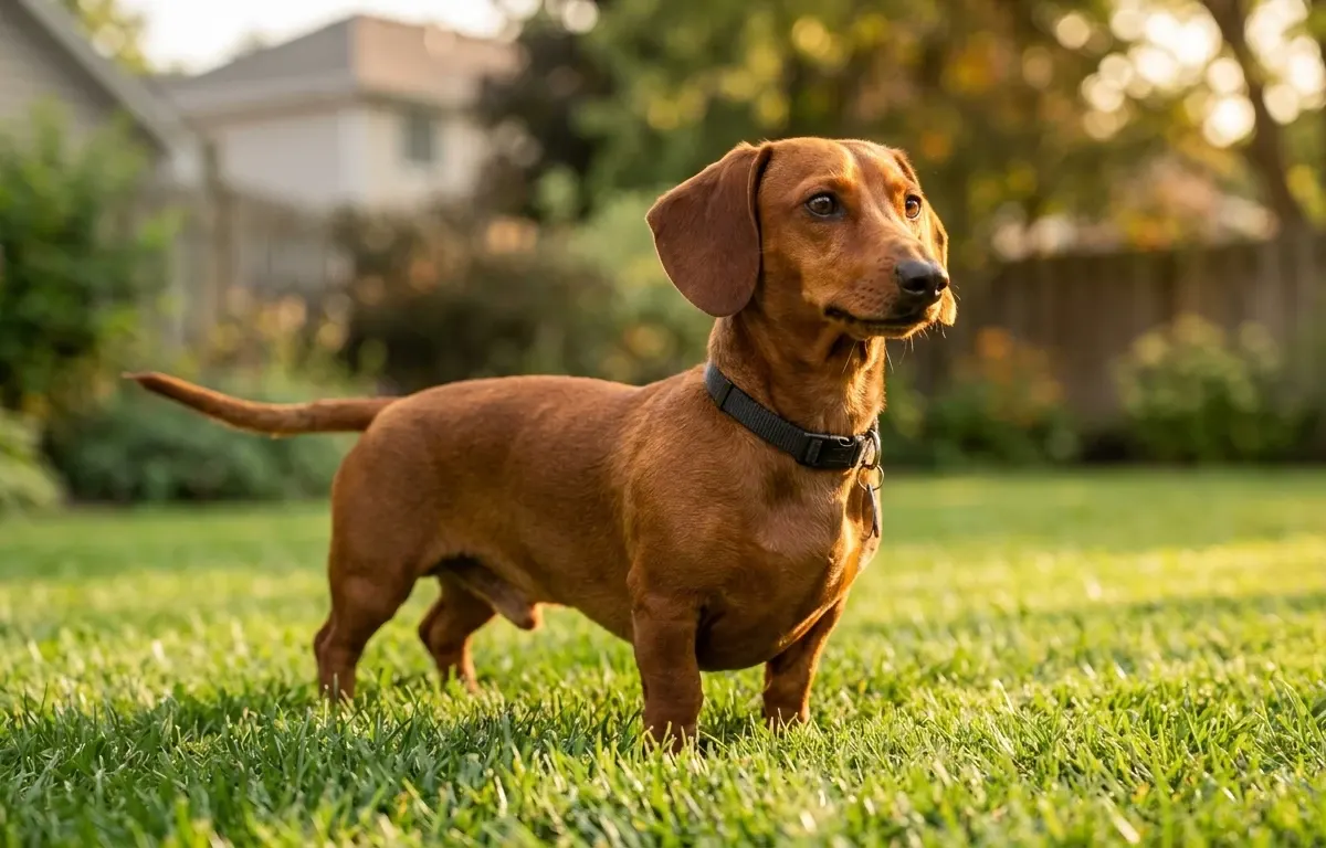 Red smooth-coated Dachshund standing alert on a grassy suburban lawn