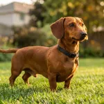 Red smooth-coated Dachshund standing alert on a grassy suburban lawn