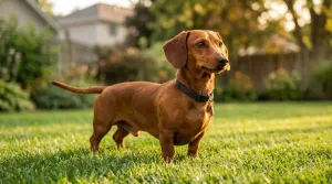 Red smooth-coated Dachshund standing alert on a grassy suburban lawn