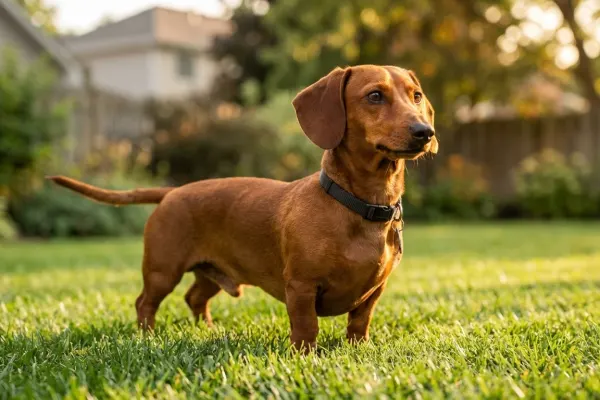Red smooth-coated Dachshund standing alert on a grassy suburban lawn