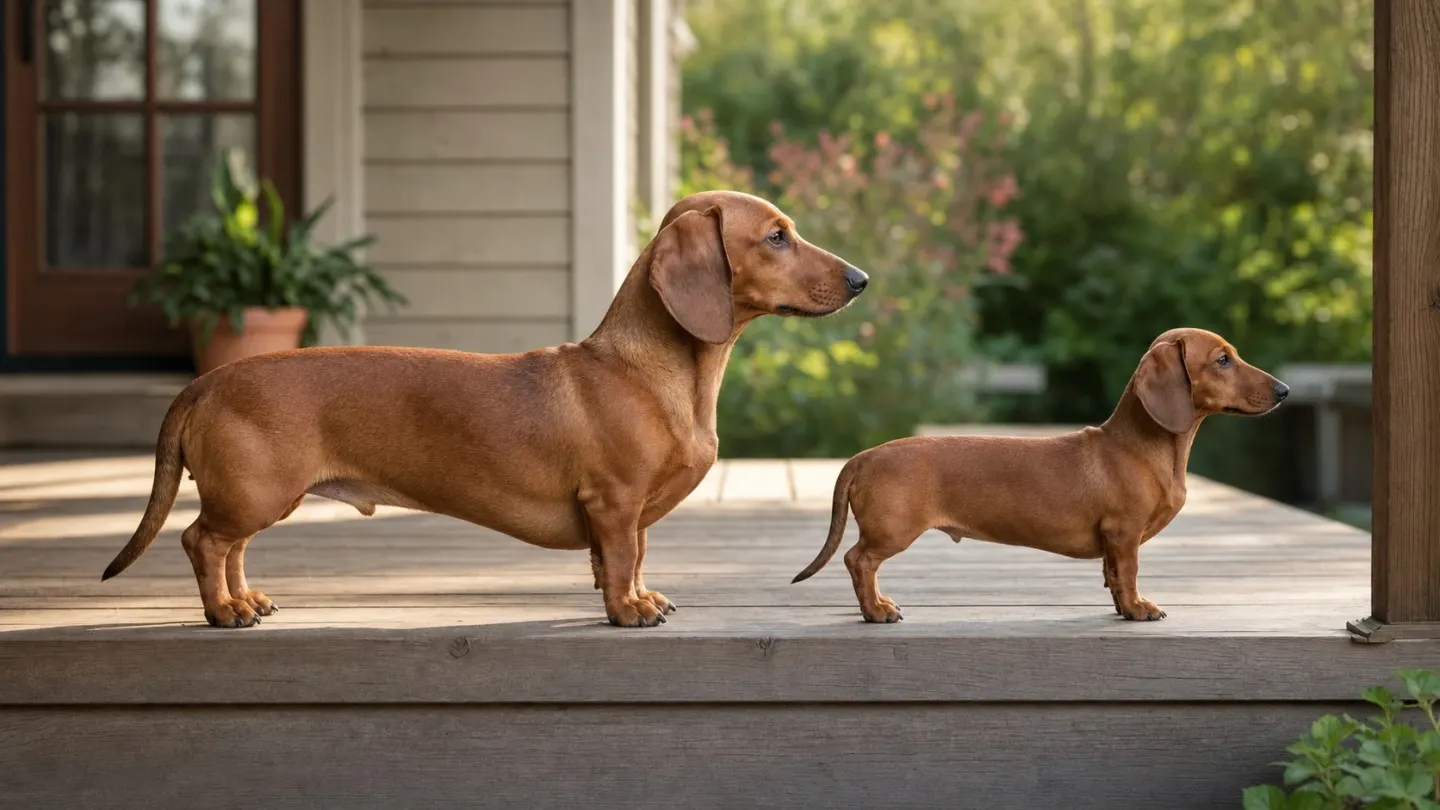 Comparison of standard and miniature Dachshund dog sizes standing side by side