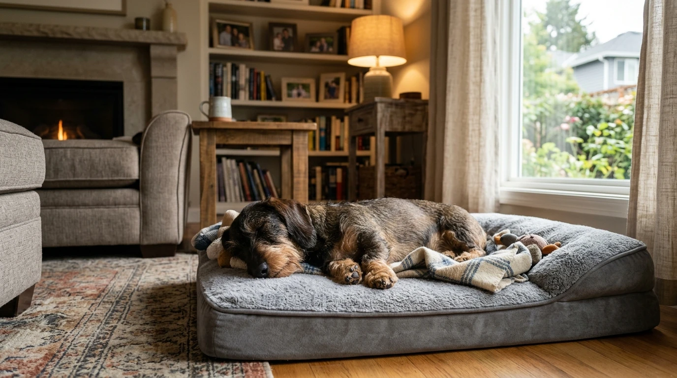 Wirehaired Dachshund resting comfortably on an orthopedic dog bed for joint support