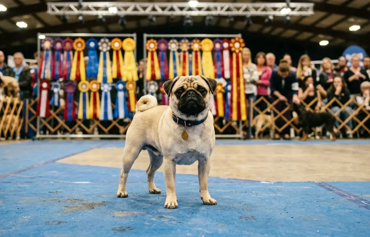 A pug standing proudly on a dog show ring mat after winning a competition.
