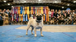 A pug standing proudly on a dog show ring mat after winning a competition.
