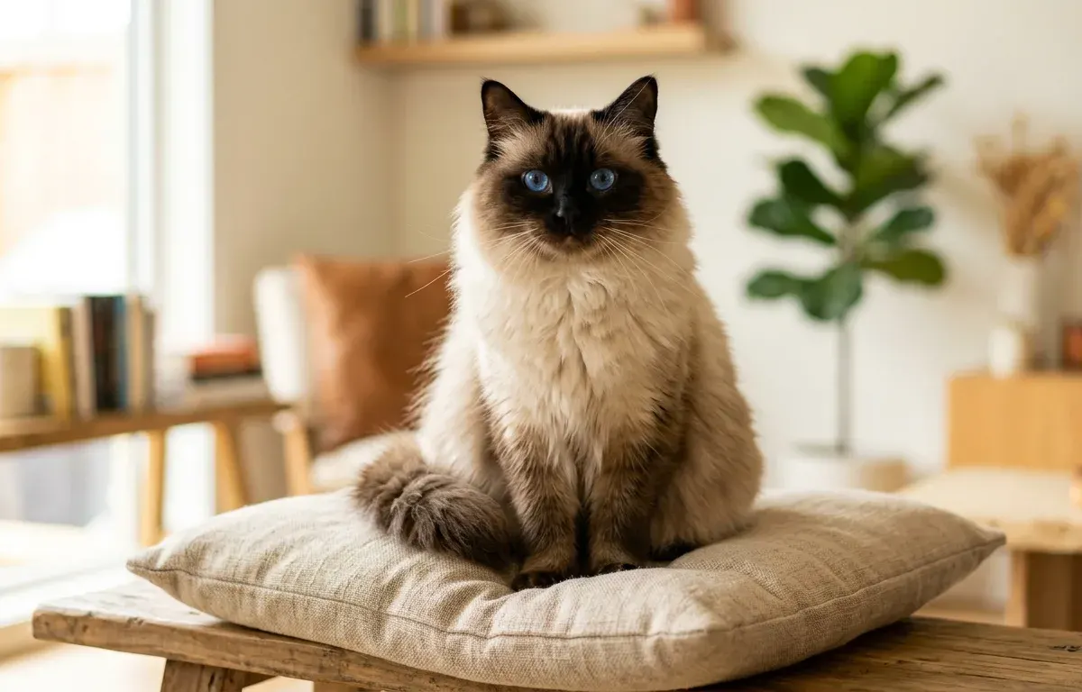 A traditional pointed Ragdoll cat with striking blue eyes sitting in a bright room.