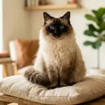 A traditional pointed Ragdoll cat with striking blue eyes sitting in a bright room.
