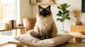 A traditional pointed Ragdoll cat with striking blue eyes sitting in a bright room.