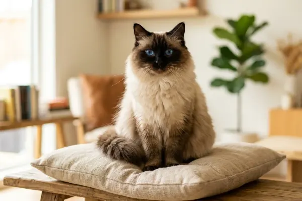 A traditional pointed Ragdoll cat with striking blue eyes sitting in a bright room.