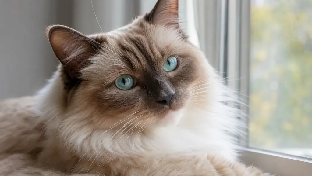 A Mink Ragdoll cat featuring unique aqua blue-green eyes resting near a window.