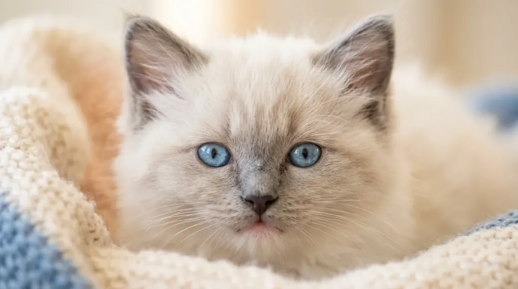 Close-up of a young Ragdoll kitten showing bright clear eye development.
