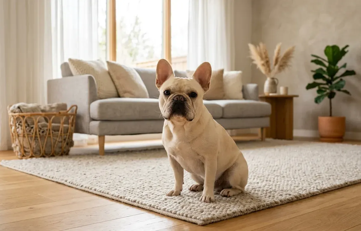 A cream-colored French Bulldog sitting calmly indoors in a living room