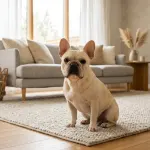 A cream-colored French Bulldog sitting calmly indoors in a living room