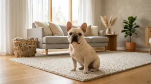 A cream French Bulldog sitting calmly in a sunlit room showing low barking tendency.