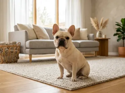 A cream-colored French Bulldog sitting calmly indoors in a living room