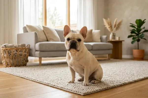 A cream-colored French Bulldog sitting calmly indoors in a living room