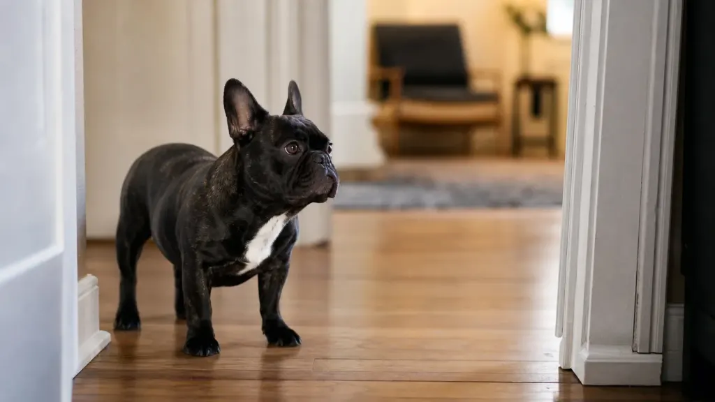 A French Bulldog standing alertly near a home hallway listening attentively