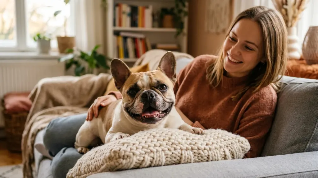 A French Bulldog expressing affection while relaxing beside its owner