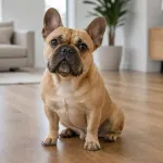 A fawn French Bulldog sitting on a hardwood floor with a small drop of drool on its jaw.