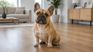 A fawn French Bulldog sitting calmly indoors with natural moisture around its mouth.