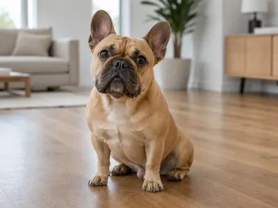 A fawn French Bulldog sitting calmly indoors with natural moisture around its mouth.