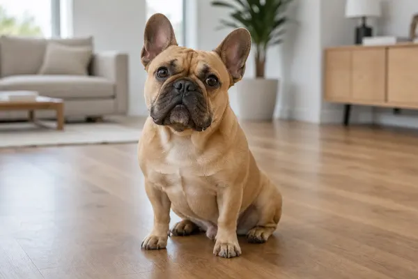 A fawn French Bulldog sitting on a hardwood floor with a small drop of drool on its jaw.