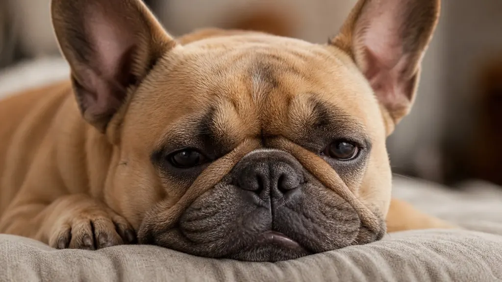 Close-up of a French Bulldog resting its chin on a cushion showing its short muzzle and cheek folds.