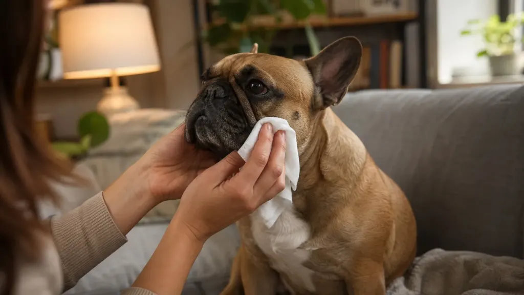 A pet owner wiping saliva from the facial wrinkles of a French Bulldog with a soft cloth.