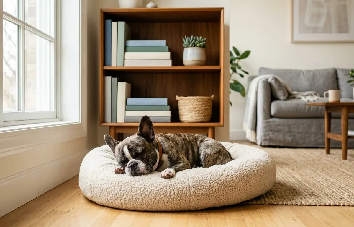 A French Bulldog resting indoors in a cool living room to prevent breathing issues.