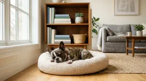 A French Bulldog resting in a living room while exhibiting flat-faced brachycephalic facial features.