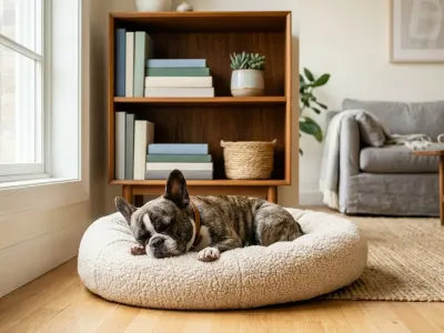 A French Bulldog resting indoors in a cool living room to prevent breathing issues.