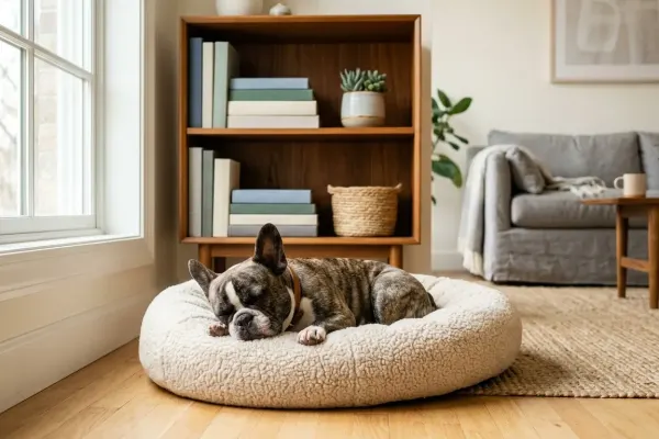 A French Bulldog resting in a living room while exhibiting flat-faced brachycephalic facial features.